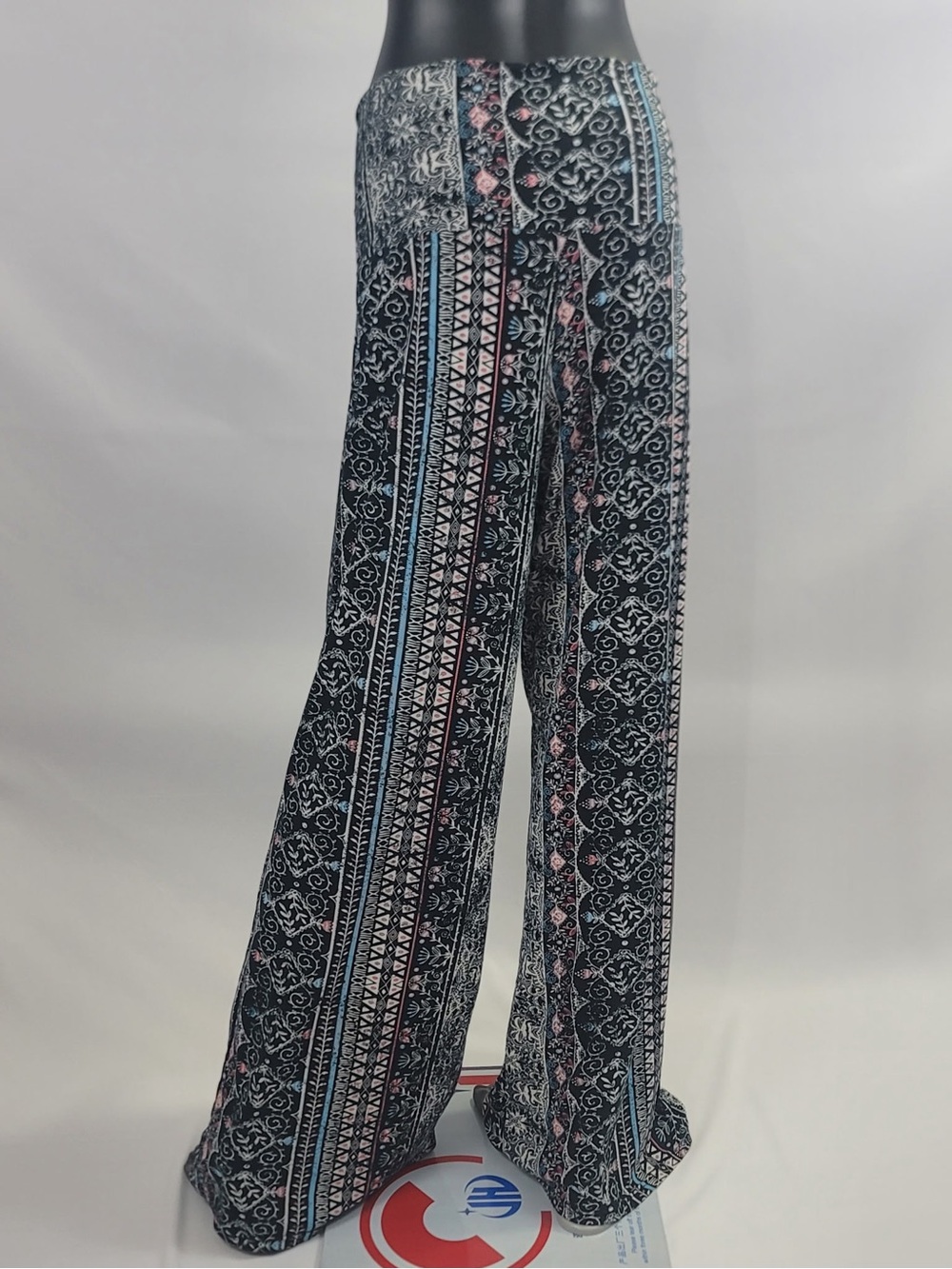Size Large Printed Wide-Leg Palazzo Pants - Black with Blue & Pink Pattern